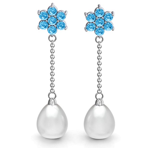 Freshwater Pearl Drop Earrings with Floral Detail – Sterling Silver with Blue Topaz
