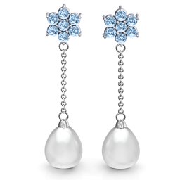 Freshwater Pearl Drop Earrings with Floral Detail in 925 Sterling Silver with Aquamarine