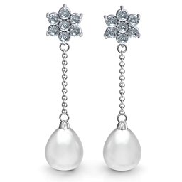 Freshwater Pearl Drop Earrings with Floral Detail in 925 Sterling Silver with Diamond