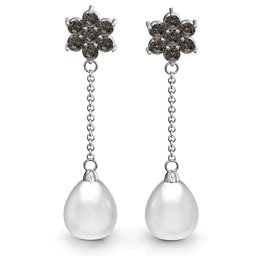 Freshwater Pearl Drop Earrings with Floral Detail in 925 Sterling Silver with Smokey Quartz