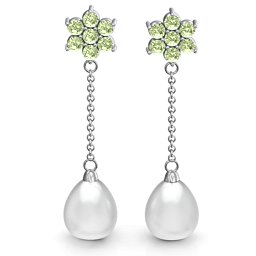 Freshwater Pearl Drop Earrings with Floral Detail in 925 Sterling Silver with Peridot