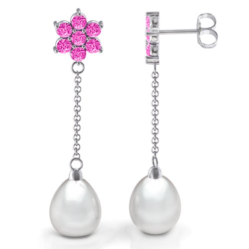 Freshwater Pearl Drop Earrings with Floral Detail – Sterling Silver with Pink Tourmaline