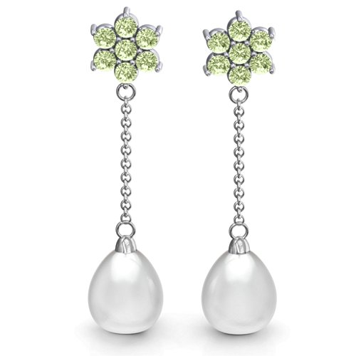 Freshwater Pearl Drop Earrings with Floral Detail – Sterling Silver with Peridot
