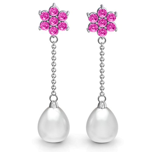 Freshwater Pearl Drop Earrings with Floral Detail – Sterling Silver with Pink Tourmaline