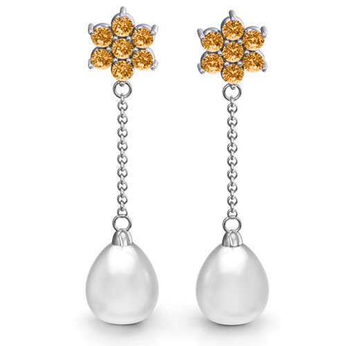 Freshwater Pearl Drop Earrings with Floral Detail – Sterling Silver with Citrine