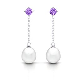 Elegant Solitaire Stud Freshwater Pearl Drop Earrings in 925 Sterling Silver with Amethyst