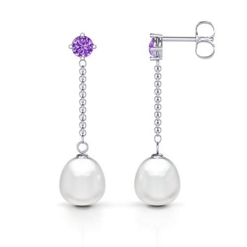 Elegant Solitaire Stud Freshwater Pearl Drop Earrings – Sterling Silver with Amethyst