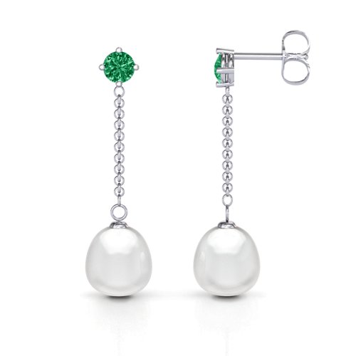 Elegant Solitaire Stud Freshwater Pearl Drop Earrings – Sterling Silver with Emerald