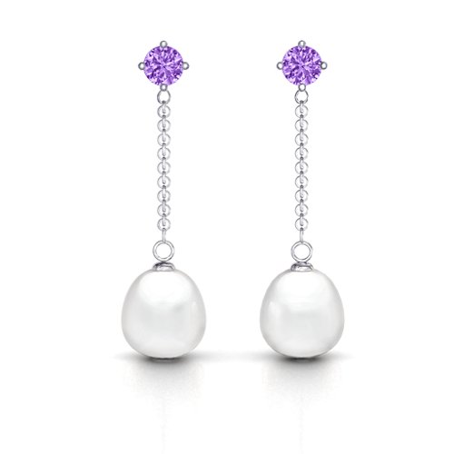 Elegant Solitaire Stud Freshwater Pearl Drop Earrings – Sterling Silver with Amethyst
