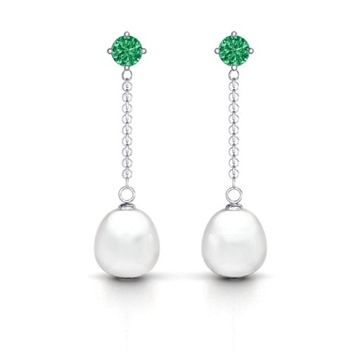 Elegant Solitaire Stud Freshwater Pearl Drop Earrings – Sterling Silver with Emerald