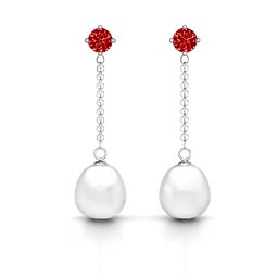 Elegant Solitaire Stud Freshwater Pearl Drop Earrings in 925 Sterling Silver with Garnet