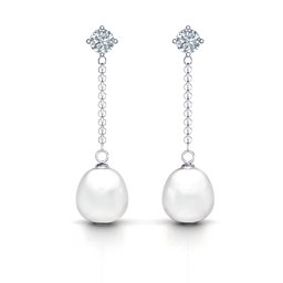 Elegant Solitaire Stud Freshwater Pearl Drop Earrings in 925 Sterling Silver with Diamond