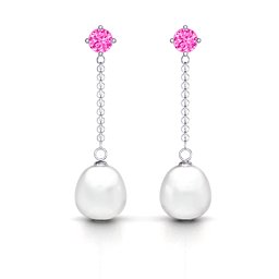 Elegant Solitaire Stud Freshwater Pearl Drop Earrings in 925 Sterling Silver with Pink Tourmaline