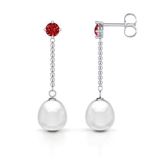 Elegant Solitaire Stud Freshwater Pearl Drop Earrings – Sterling Silver with Garnet
