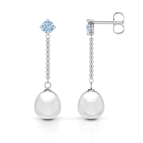 Elegant Solitaire Stud Freshwater Pearl Drop Earrings – Sterling Silver with Aquamarine