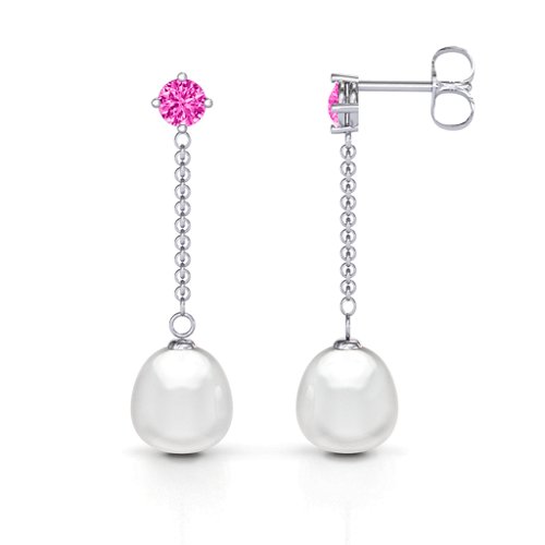 Elegant Solitaire Stud Freshwater Pearl Drop Earrings – Sterling Silver with Pink Tourmaline
