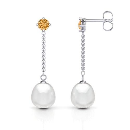 Elegant Solitaire Stud Freshwater Pearl Drop Earrings – Sterling Silver with Citrine
