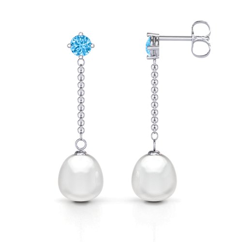 Elegant Solitaire Stud Freshwater Pearl Drop Earrings – Sterling Silver with Blue Topaz