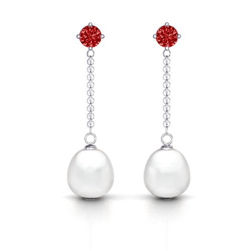Elegant Solitaire Stud Freshwater Pearl Drop Earrings – Sterling Silver with Garnet