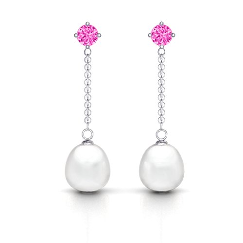 Elegant Solitaire Stud Freshwater Pearl Drop Earrings – Sterling Silver with Pink Tourmaline