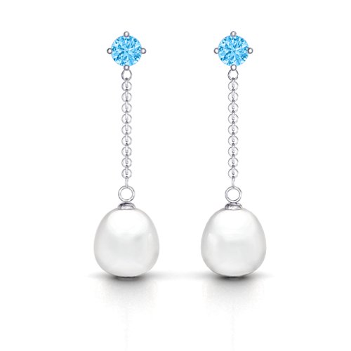 Elegant Solitaire Stud Freshwater Pearl Drop Earrings – Sterling Silver with Blue Topaz