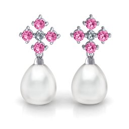 Freshwater Pearl Drop Earrings with Accents in 925 Sterling Silver with Pink Tourmaline and Cubic Zirconia