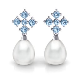 Freshwater Pearl Drop Earrings with Accents in 925 Sterling Silver with Aquamarine