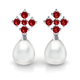 Freshwater Pearl Drop Earrings with Accents in 925 Sterling Silver with Garnet
