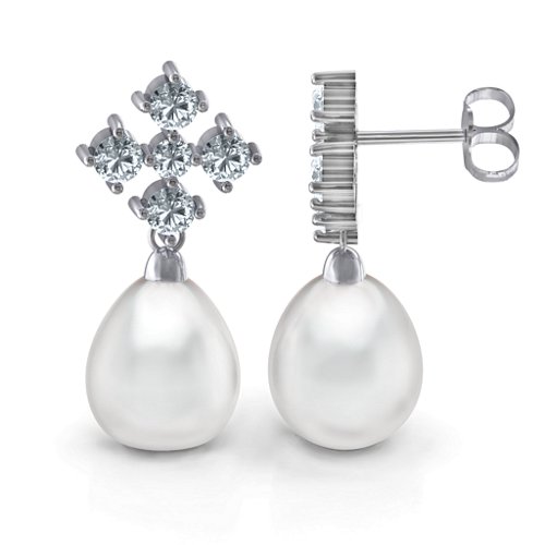 Freshwater Pearl Drop Earrings with Accents – Sterling Silver with Diamond