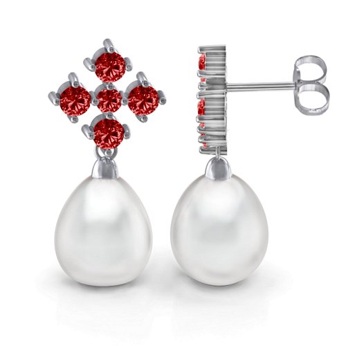 Freshwater Pearl Drop Earrings with Accents – Sterling Silver with Garnet