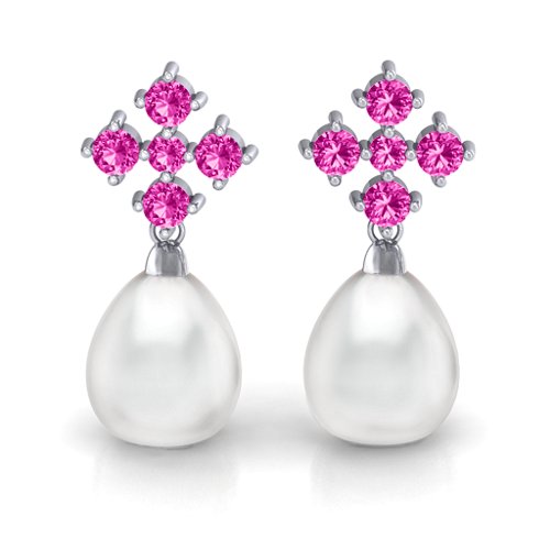 Freshwater Pearl Drop Earrings with Accents – Sterling Silver with Pink Tourmaline