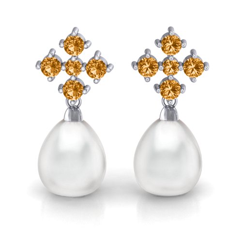 Freshwater Pearl Drop Earrings with Accents – Sterling Silver with Citrine