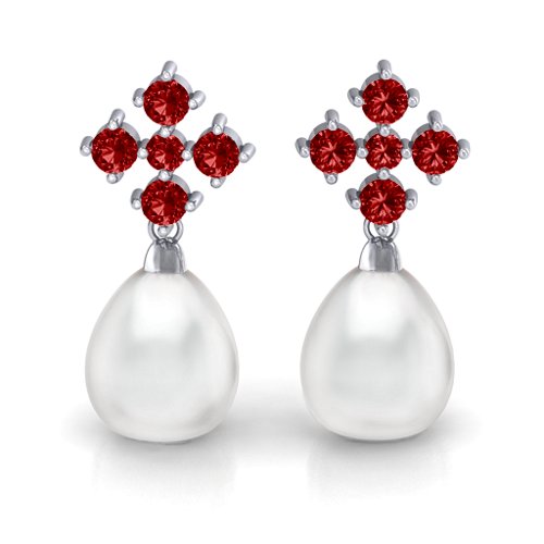 Freshwater Pearl Drop Earrings with Accents – Sterling Silver with Garnet