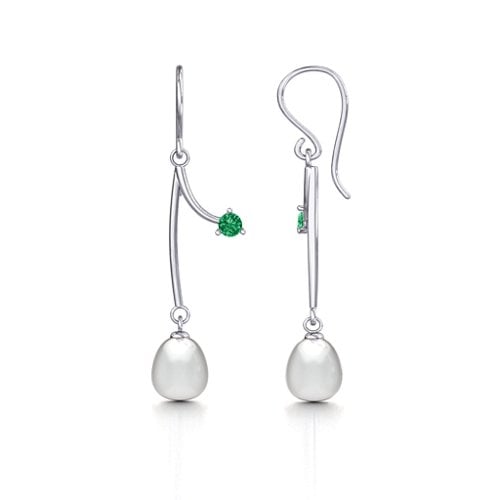 Freshwater Pearl Vine Earrings – Sterling Silver with Emerald