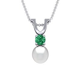 Round Solitaire with Freshwater Pearl Pendant Drop in 925 Sterling Silver with Emerald