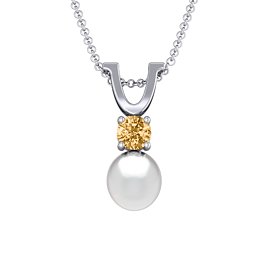 Round Solitaire with Freshwater Pearl Pendant Drop in 925 Sterling Silver with Fancy Yellow Premium Zirconia