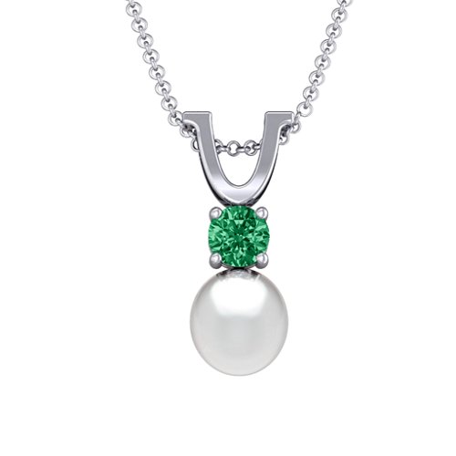 Round Solitaire with Freshwater Pearl Pendant Drop – Sterling Silver with Emerald