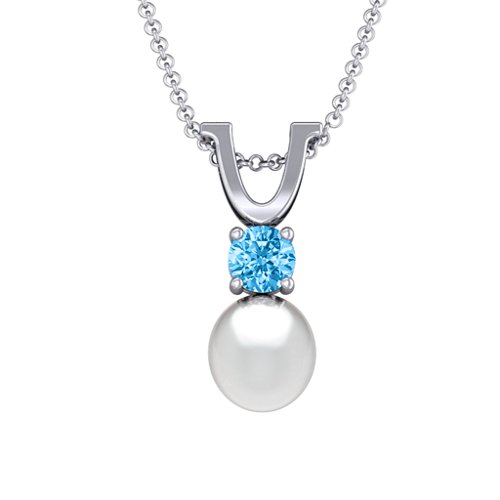 Round Solitaire with Freshwater Pearl Pendant Drop – Sterling Silver with Blue Topaz
