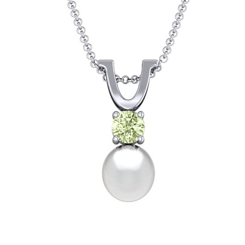 Round Solitaire with Freshwater Pearl Pendant Drop – Sterling Silver with Peridot