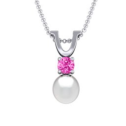 Round Solitaire with Freshwater Pearl Pendant Drop in 925 Sterling Silver with Pink Tourmaline