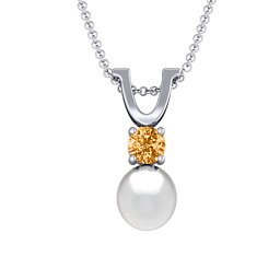 Round Solitaire with Freshwater Pearl Pendant Drop in 925 Sterling Silver with Citrine