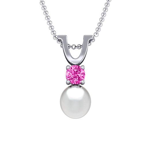 Round Solitaire with Freshwater Pearl Pendant Drop – Sterling Silver with Pink Tourmaline