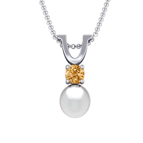 Round Solitaire with Freshwater Pearl Pendant Drop – Sterling Silver with Citrine