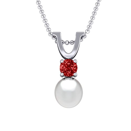 Round Solitaire with Freshwater Pearl Pendant Drop – Sterling Silver with Garnet