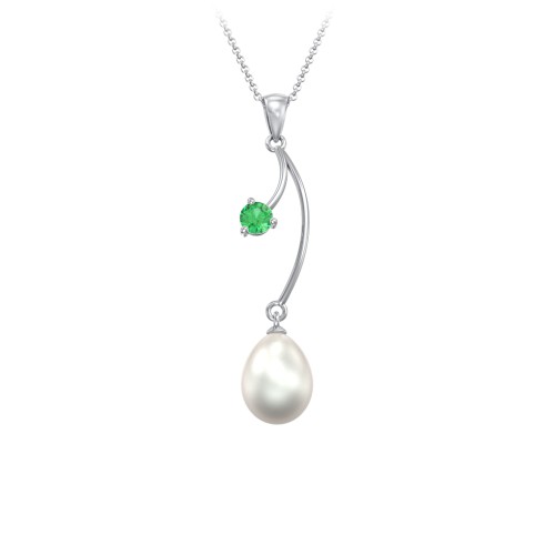 Freshwater Pearl Vine Pendant – Sterling Silver with Emerald