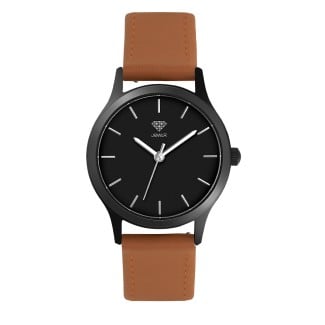 Men's Personalized 32mm Dress Watch - Black Case, Black Dial, Tan Leather