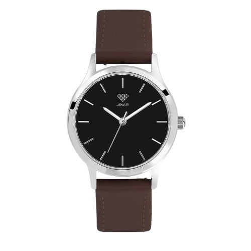 Men's Personalized Dress Watch - 32mm Downtown - Steel Case, Black Dial, Brown Leather