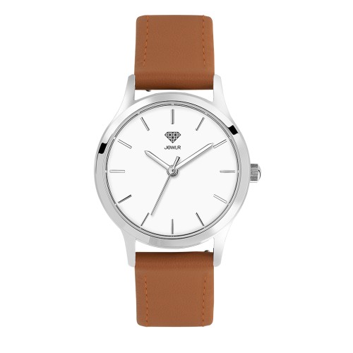 Men's Personalized Dress Watch - 32mm Downtown - Steel Case, White Dial, Tan Leather