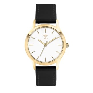 Men's Personalized Dress Watch - 32mm Uptown - Gold Case, White Dial, Black Leather