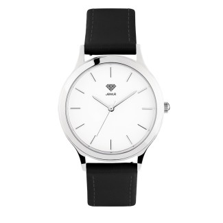 Men's Personalized 36mm Dress Watch - Steel Case, White Dial, Black Leather